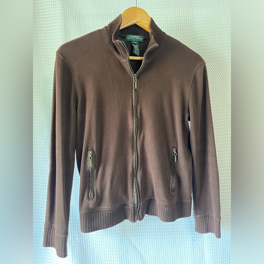 Lauren Ralph Lauren Full Zip Sweater w/ leather trim & elbow patch; Petite Small